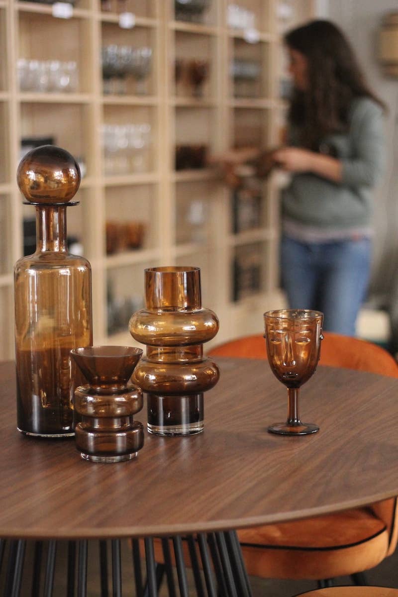 Sculpted Face Wine Glass — Amber