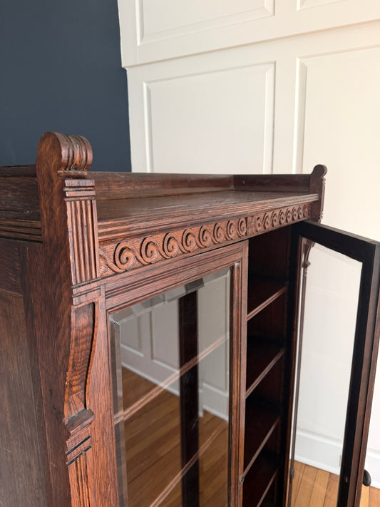 Matched Pair of Antique Carved Oak Cabinets