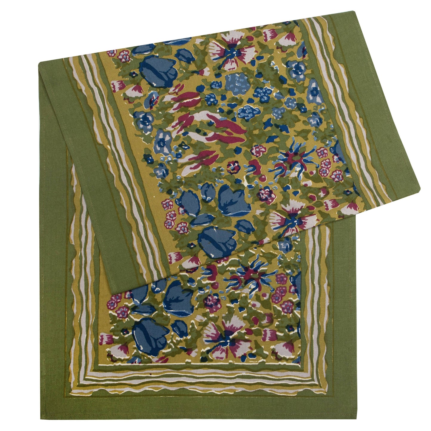 Jardin Hand-Printed Linen Table Runner — Blue & Green