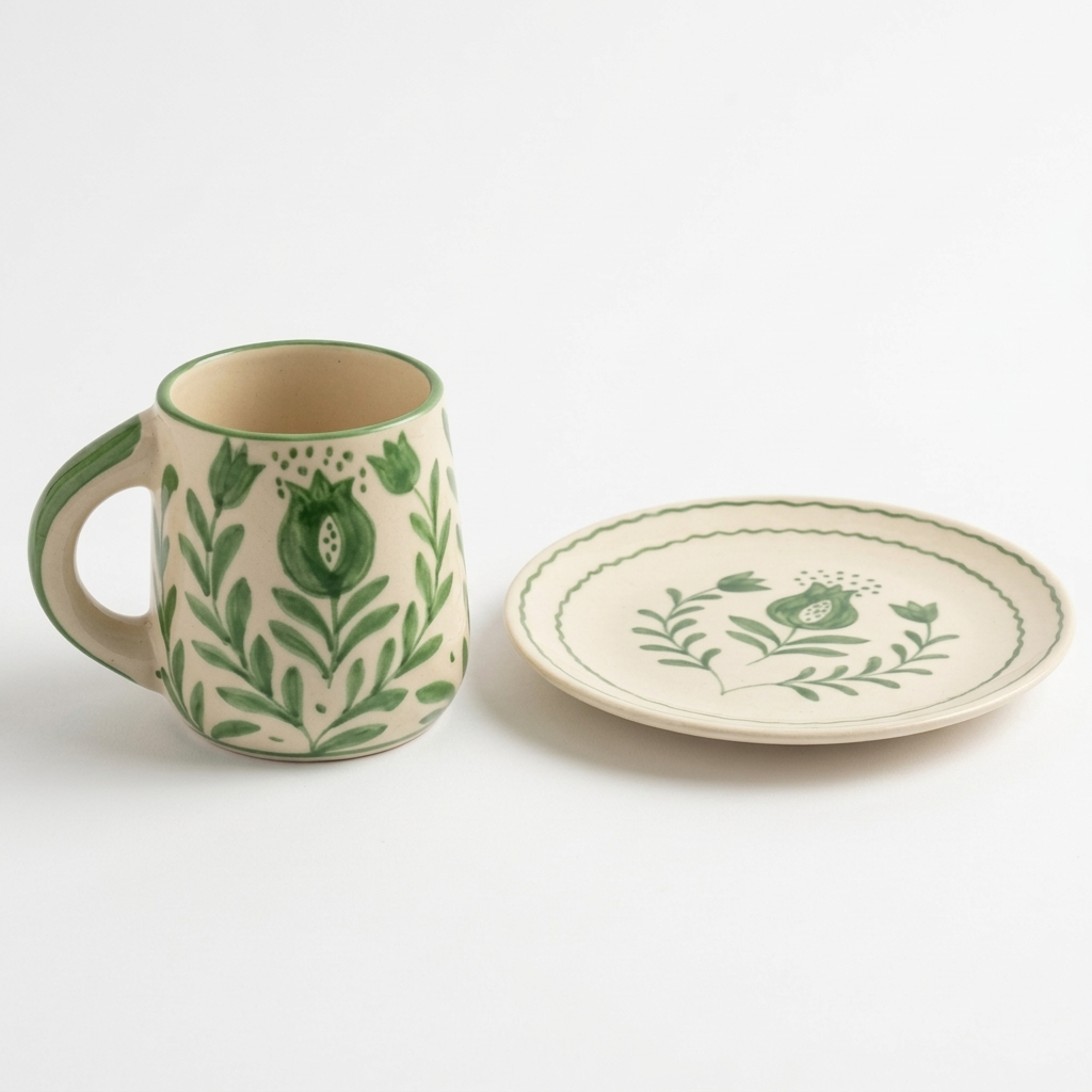 Pomegranate Cup & Plate Set — Green