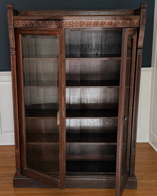 Matched Pair of Antique Carved Oak Cabinets